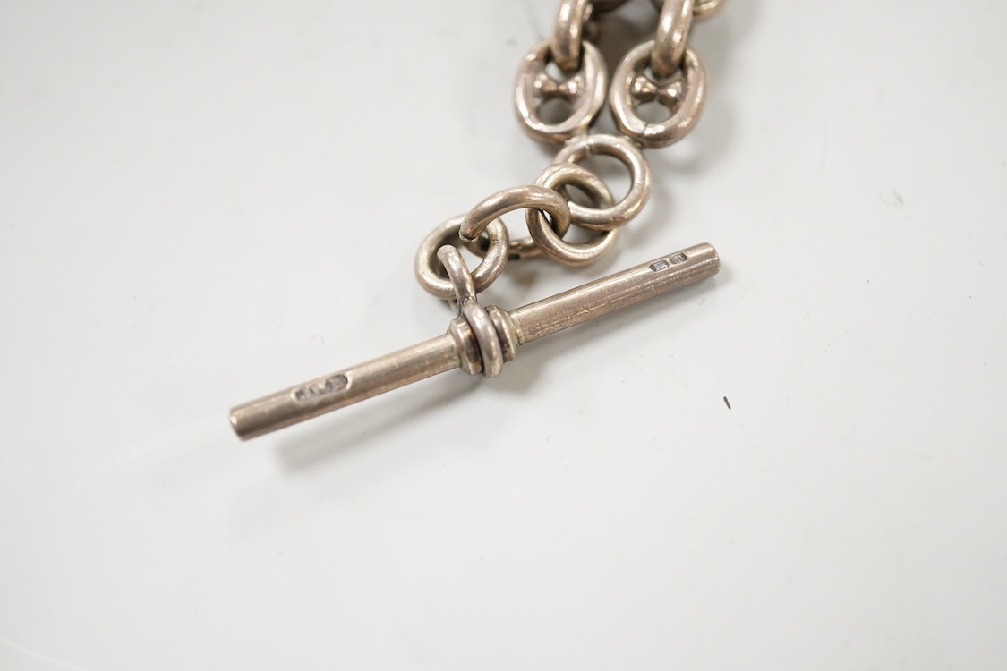 A two row chain link silver albert, 21cm and one other longer silver curb link albert, 37cm.
